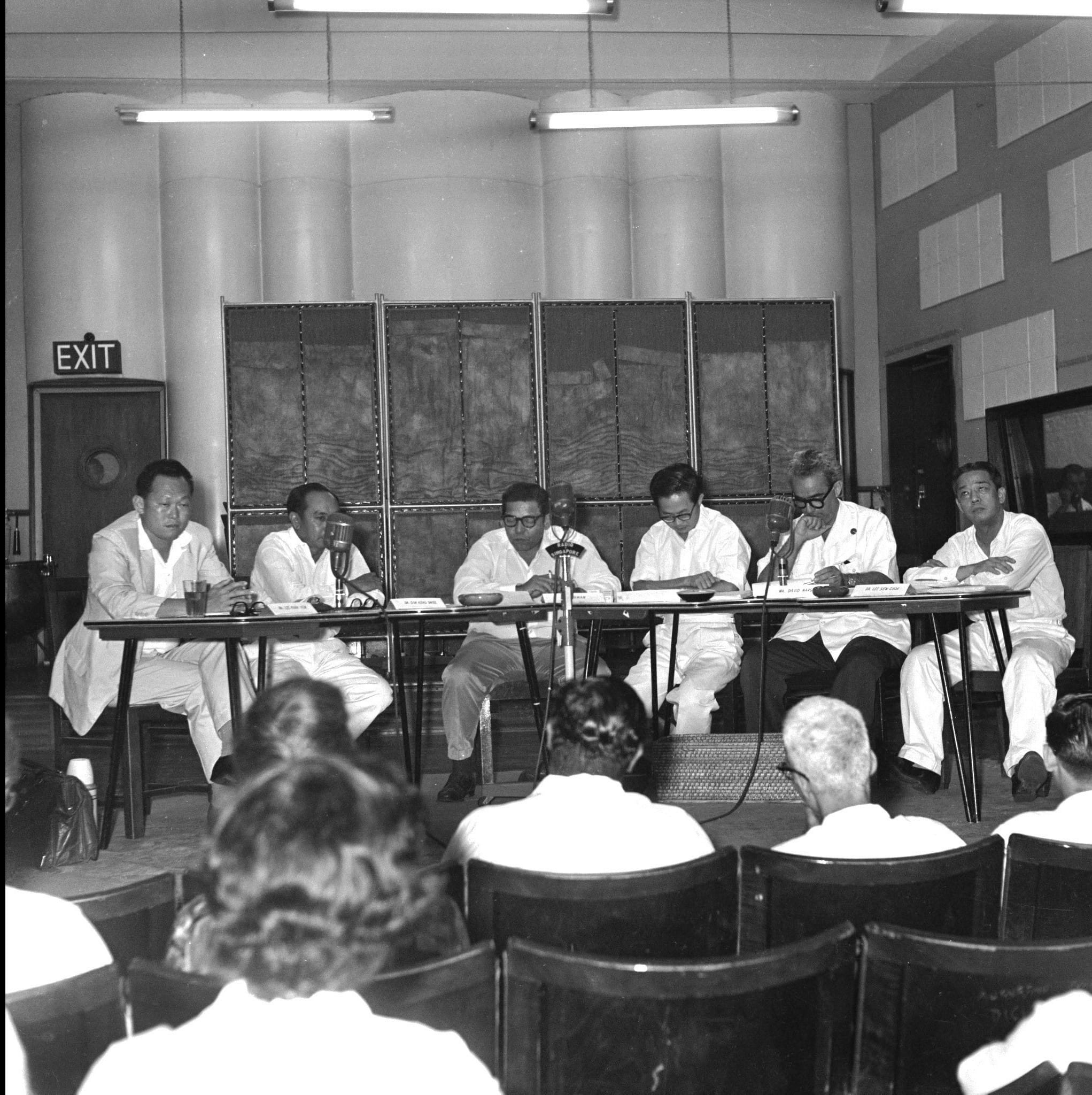 Then Prime Minister Lee Kuan Yew with Goh Keng Swee and members of opposition parties taking part in a Radio Singapore forum on the merger referendum, 1962. The Straits Times/The New Paper © Singapore Press Holdings Ltd. Reprinted with permission.